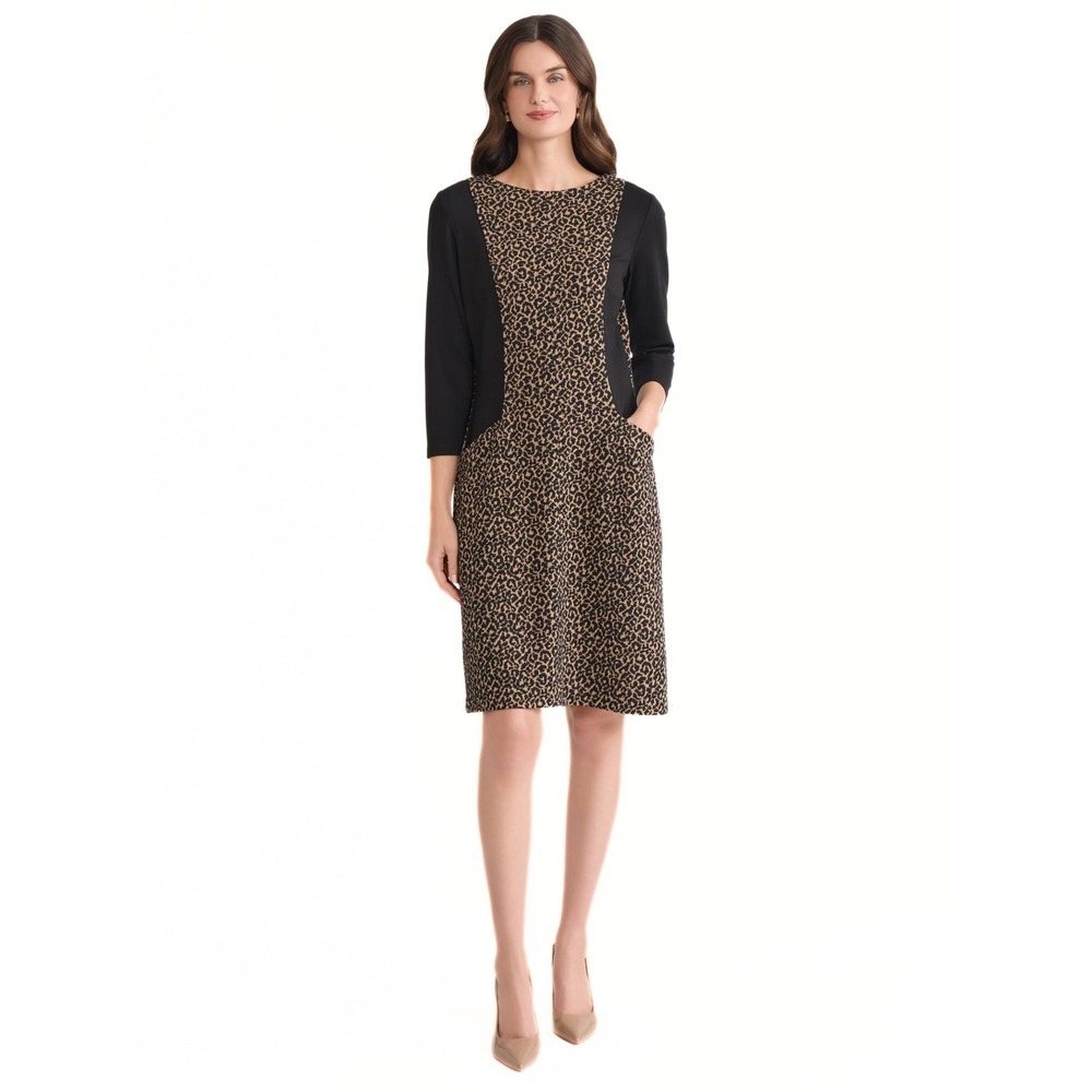 Kasper Womens Leopard Print Jacquard Sheath Dress Black Tan Pockets 12
